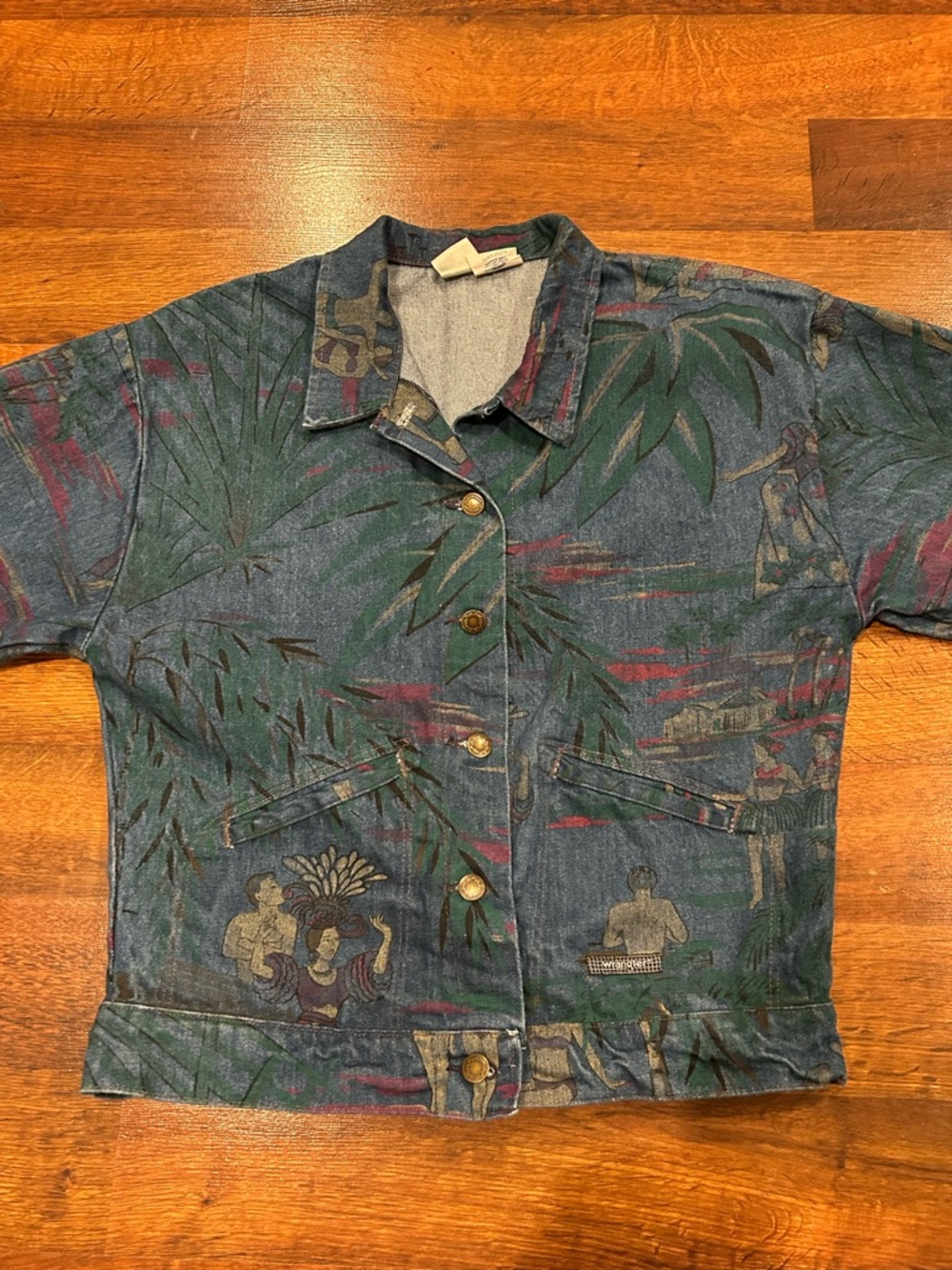 Vintage Wrangler Denim Jacket Made In USA All Over Tropical Print Women’s Medium